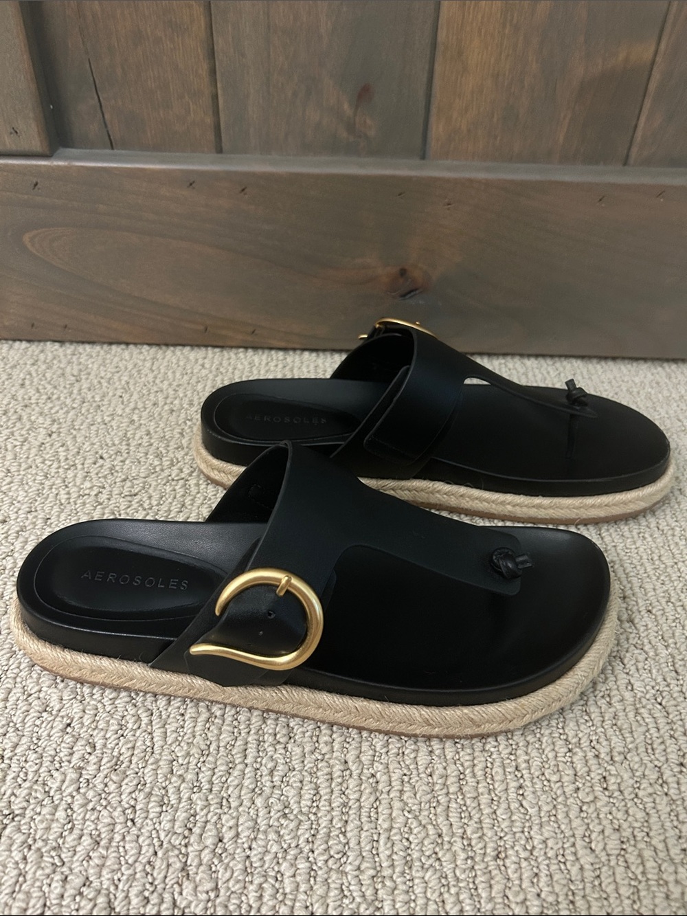 Black Leather Espadrille Thong Sandals with Gold Buckle